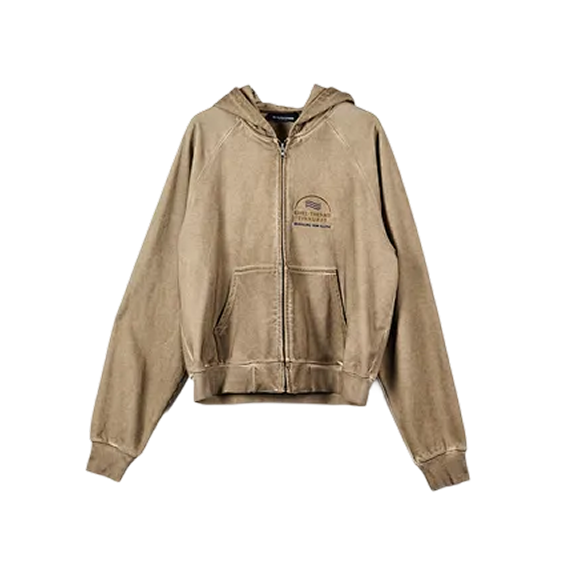 Vintage Washed Brown Embroidered Zip-Up Hoodie